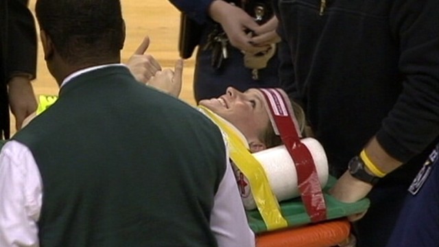 VIDEO: Michigan State Universitys Taylor Young was put in neck brace after the spill.