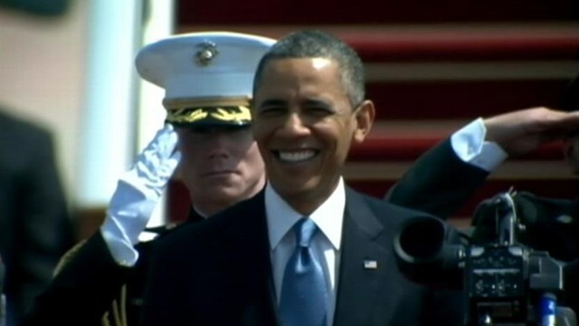 VIDEO: The president makes a joke at airport during first visit to Israel since taking office.