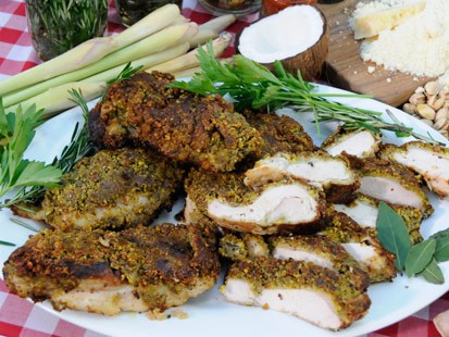 Pistachio-Crusted Chicken with Coconut-Chili-Ginger Sauce