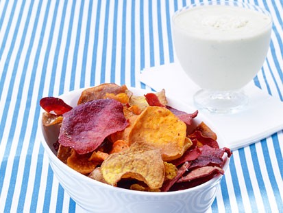 Photo: Sunny Andersons Vegetable Chips with Blue-Cheese Dip: Ditch the Salt for Something Healthy and Snackable