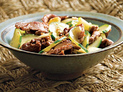 Grace Young's stir-fried cucumber and pork with golden garlic.