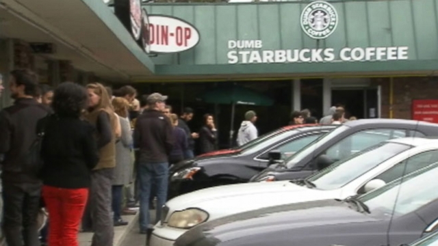 Parody coffee shop in Los Feliz, Calif., takes donations for its free coffee and pastries.