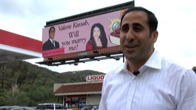 VIDEO: California man held on to 48-foot-wide billboard and used it again to honor 10 years of marriage.