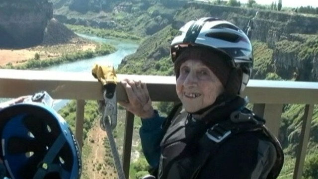 VIDEO: Dorothy Custer trumps her last birthday adventure of ziplining with a leap from an Idaho bridge.