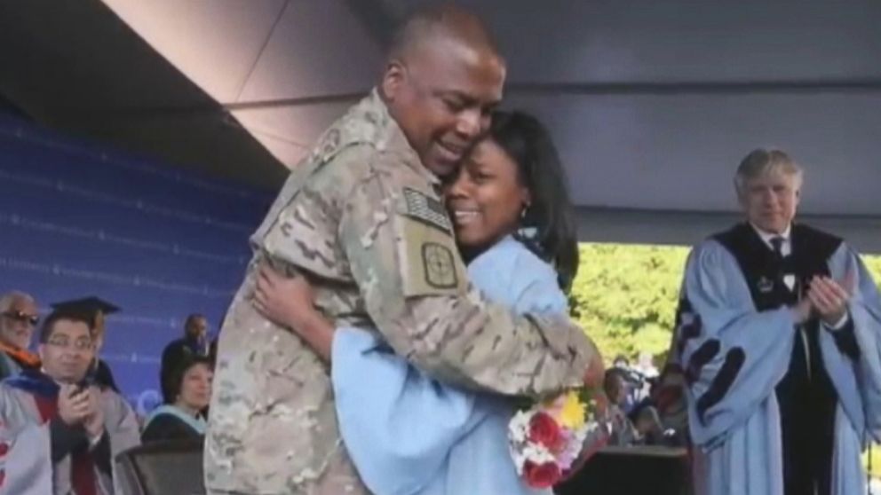 Capt. Keith Robinson, home from Afghanistan, surprised his daughter at Columbia University.