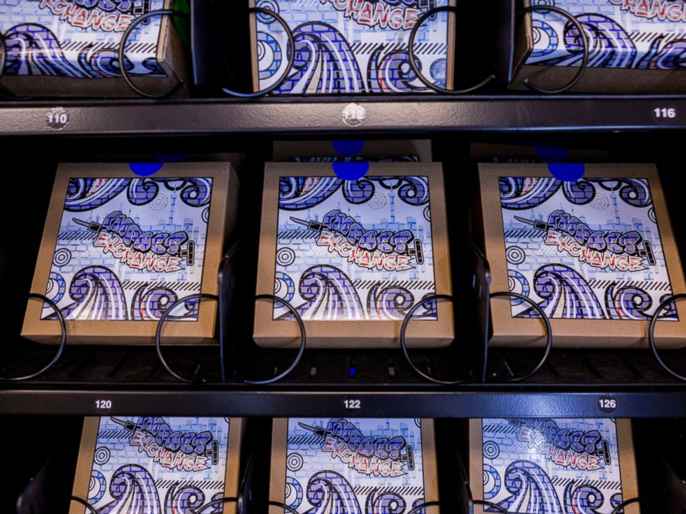 PHOTO: A vending machine that dispenses clean needles is displayed at the Southern Nevada Health District in Las Vegas. Three machines, that will dispense clean needles, will be available for use by the end of May in centers around Las Vegas.
