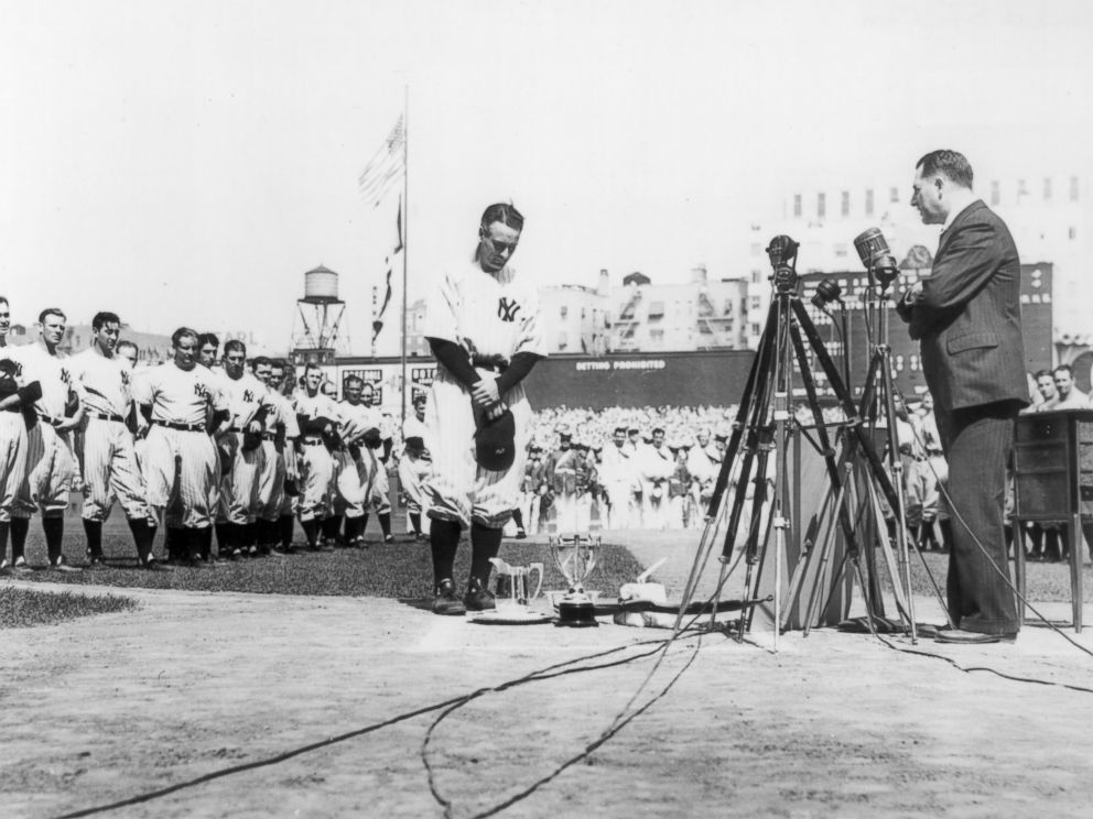 PHOTO: Lou Gehrig, first baseman for the New York Yankees, is shown at the microphone during Lou Gehrig Appreciation Day, a farewell to the slugger, at Yankee Stadium, July 4, 1939.