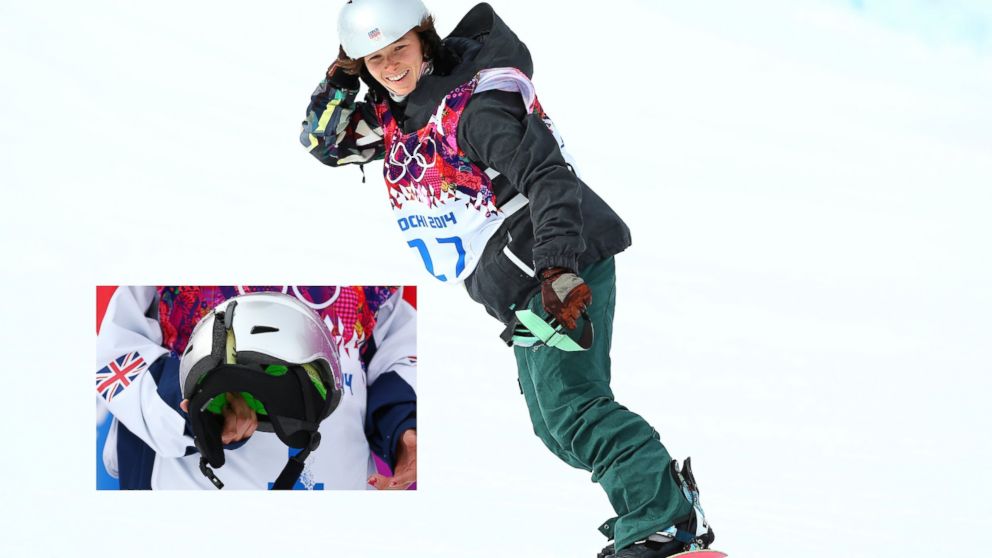 PHOTO: Sarka Pancochova of Czech Republic smiles after her womens snowboard slopestyle finals at Rosa Khutor Extreme Park, Feb. 9, 2014, in Sochi, Russia. Inset, Pancochovas cracked helmet, held by Jenny Jones of Great Britain, on the same day.
