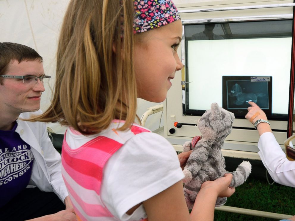 PHOTO: Paula, age 5, and her stuffed cat Trudi, attend a consultation with doctors in the X-ray tent of the Teddy Clinic on June 4, 2014 in Giessen, Germany.
