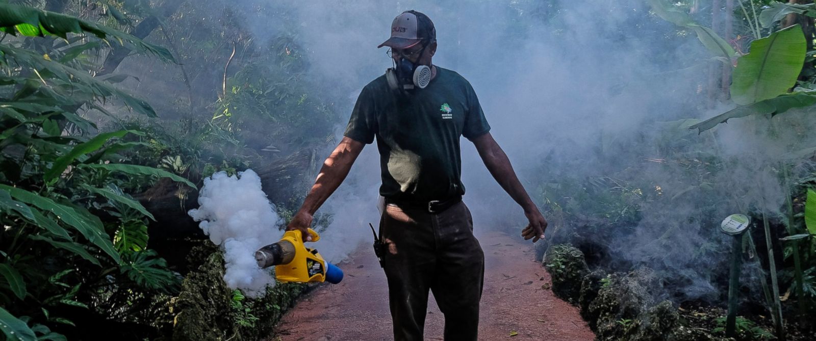 PHOTO: Fran Middlebrooks, a grounds keeper at Pinecrest Gardens uses a blower to spray pesticide to kill mosquitoes, Aug. 4, 2016, in Miami, in order to try to combat the Zika outbreak. 