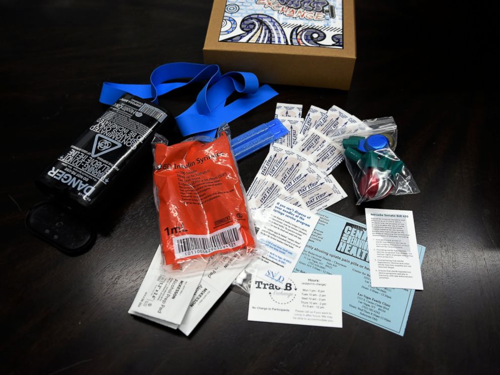 PHOTO: Shown here are the contents of a needle replacement kits that are now available from a vending machines. Users will have to register to receive a swipe card and unique identification number that they can use to receive up to two free kits per week.