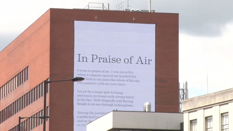 Simon Armitages poem "In Praise of Air" is printed on material that is coated with pollution-eating particles.