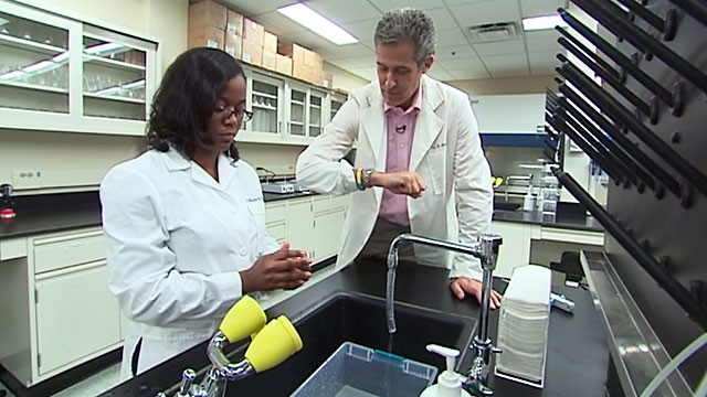 PHOTO: ABC News' Chief Medical Editor Dr. Richard Besser, along with six students from the University of Maryland, tested hand sanitizes in the university's food safety lab to figure out which products worked the best.