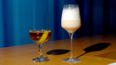 PHOTO: Aldea's Raymos Gin Fizz and Coastal Reign cocktail are seen here.