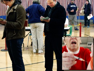 PHOTO A person is vacccinated for H1N1 in this file photo, left./Voters stand in line at the polls on election day in Portland, Maine, Nov. 3, 2009.