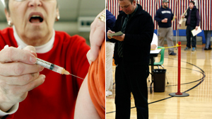 PHOTO A person is vacccinated for H1N1 in this file photo, left./Voters stand in line at the polls on election day in Portland, Maine, Nov. 3, 2009.