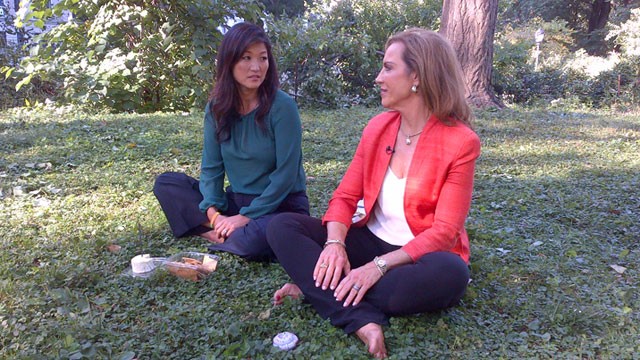 PHOTO: ABC's Juju Chang and Dr. Pam Peeke meditating over their