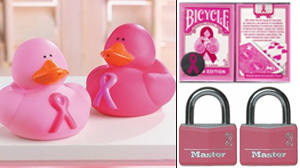 PHOTO Pink ribbon rubber ducks, Bicycle pink ribbon playing cards, Master Lock breast cancer padlocks, are shown in these photos.