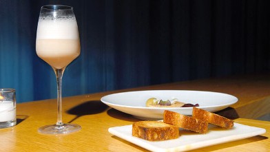 PHOTO: Aldea's Raymos Gin Fizz cocktail is seen here along with their signature Foie gras.