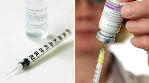 PHOTO A needle is prepared to inject insulin, left, and to inject H1N1 vaccine, right.