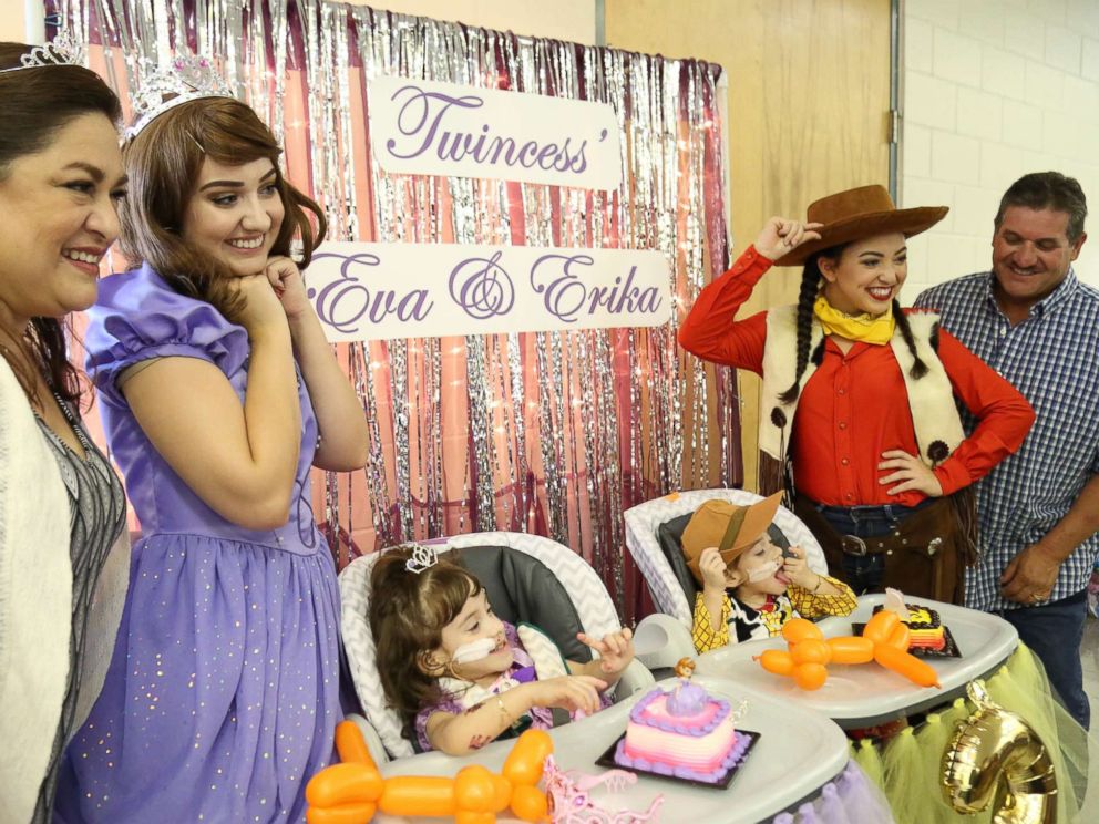 Formerly conjoined twins Eva and Erika Sandoval are seen here celebrating their third birthday.