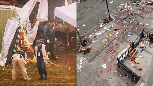 PHOTO: (Left) Federal agents search the site where a bomb exploded at the Centennial Olympic Park in downtown Atlanta on July 27, 1996. (right) The scene after two explosions occurred during the 2013 Boston Marathon in Boston, April 15, 2013.