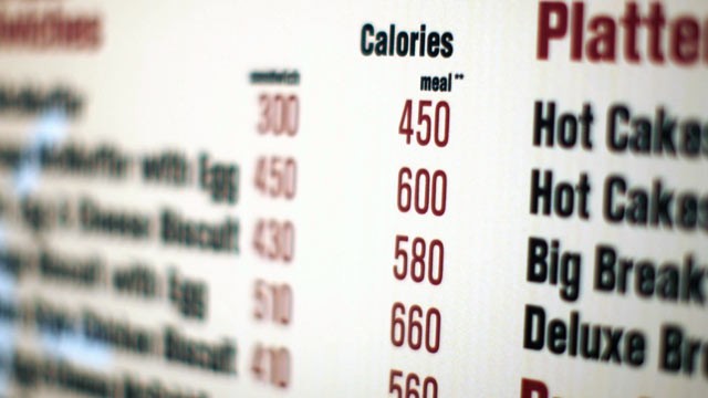 PHOTO: A McDonald's drive-thru menu in New York shows the calorie counts for each food item.