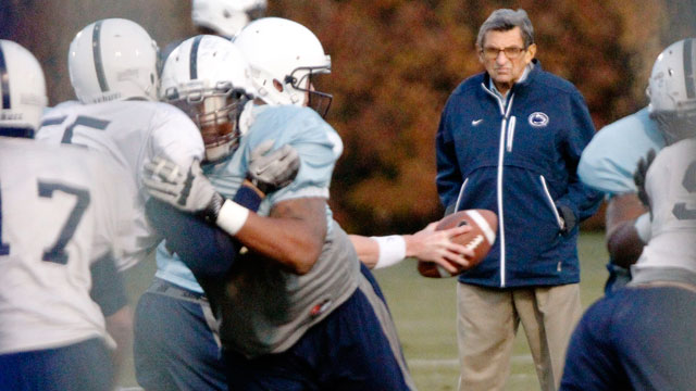 PHOTO: Penn State coach Joe Paterno watches his football team practice, Nov. 9, 2011, in State College, Pa.