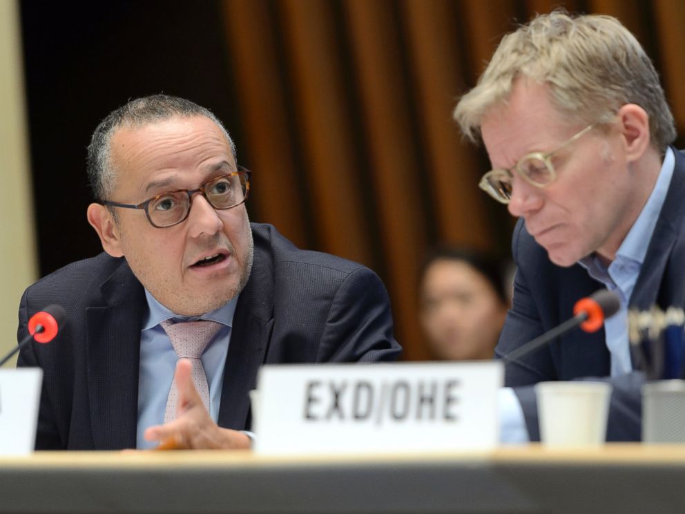 PHOTO: Marcos Espinal and Bruce Aylward speak during a WHO Executive Board session at WHO headquarters in Geneva, Switzerland, Jan. 28, 2016.