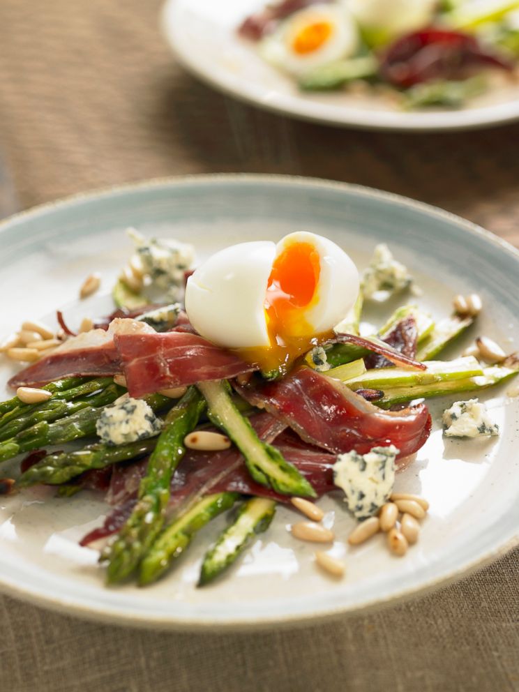 PHOTO: Fried wild asparagus and duck ham,soft-boiled egg and pine nuts is a healthy meal for the whole 30 diet. 