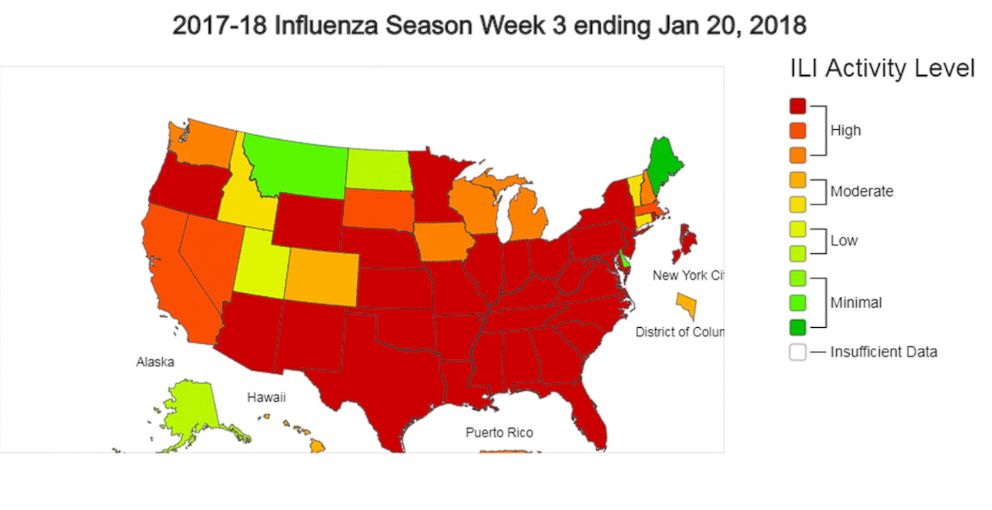 PHOTO: A map posted by CDC showing 2017-2018 influenza season week 3, Jan. 20, 3018.