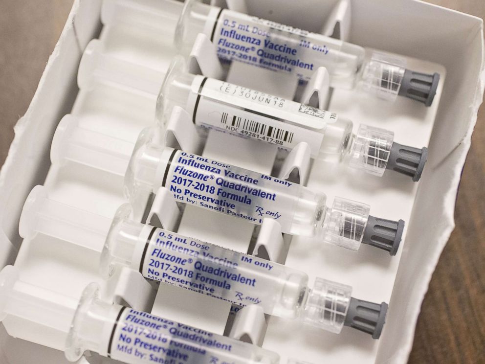 PHOTO: Viles of flu vaccine, manufactured by Sanofi Pasteur, are displayed for a photograph at Perry Memorial Hospital in Princeton, Ill., Oct. 12, 2017.