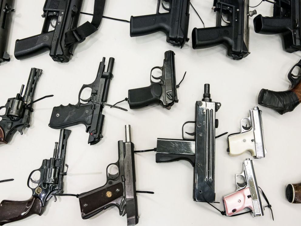 PHOTO: An assortment of hand guns sit on display at a news conference to announce results of the citys Gun Buyback Program, on May 11, 2015 in Los Angeles.