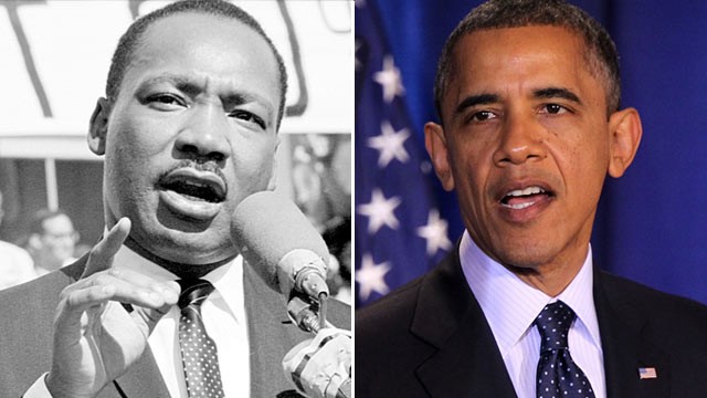 PHOTO: Martin Luther King Jr., left, circa 1970's, left, and President Barack Obama Dec. 3, 2012, at the National Defense University in Washington, D