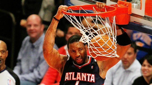 PHOTO: Tracy McGrady #1 of the Atlanta Hawks scores a basket during an NBA basketball game against the New York Knicks on February 22, 2012 at Madison Square Garden in New York City.