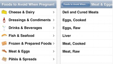 PHOTO: Screen shots of the Foods to Avoid When Pregnant app for iPhone