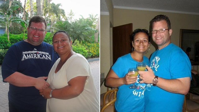 PHOTO: Frank Scafuri and his wife, Mary, before and after their gastric banding surgery. The Scafuris and two other family members all had the same surgery and have made weight loss a family affair.