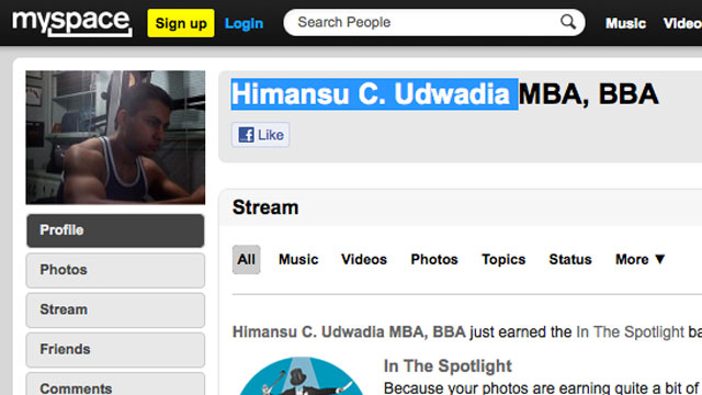 PHOTO: The Myspace profile picture of Humansu Udwadia, seen here in this screen grab.