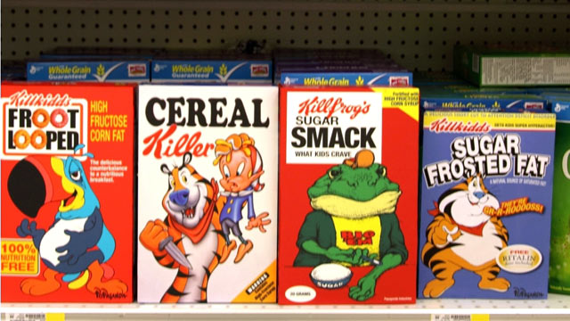 PHOTO: Artist Ron English placed these altered cereal boxes in two grocery stores. He said his intention is to make these sugary cereals unappealing to children.