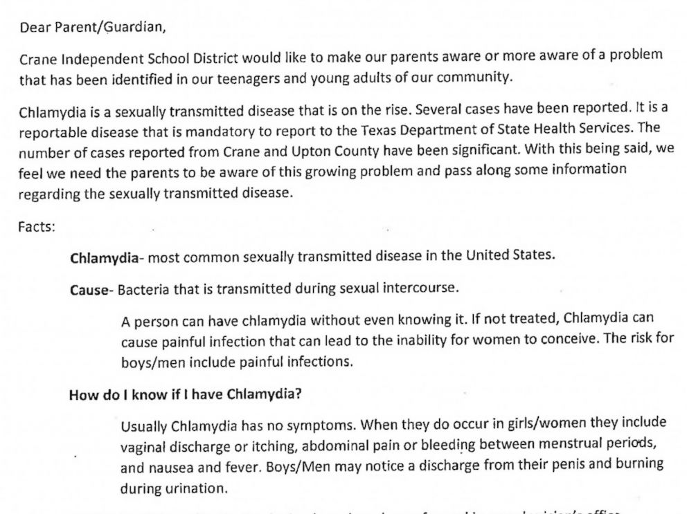 PHOTO: A letter sent home to parents of students in the Crane Independent School District in Crane, Texas states that several cases of chlamydia have been reported to the Texas Department of State Health Services.