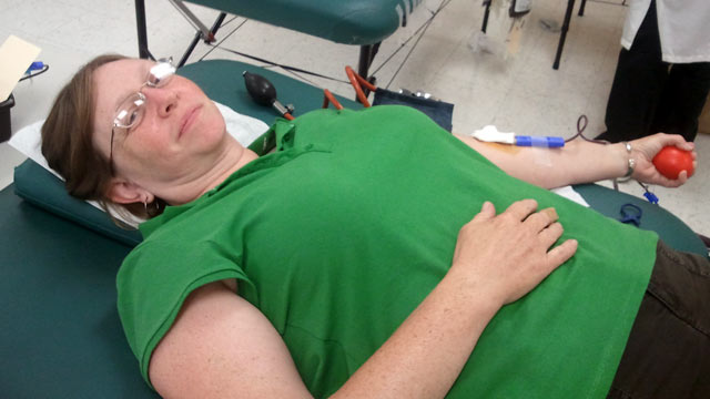 PHOTO: Patricia Lewis of Needham, Mass., donates blood to the American Red Cross before Hurricane Irene. Its the blood on the shelves today that helps save lives tomorrow.
Credit: American Red Cross