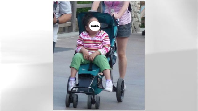 PHOTO:&nbsp;In her blog Toobigforstroller.com, Miller pokes fun at parents who continue to push their older children around well beyond the age (and size) intended for the stroller.