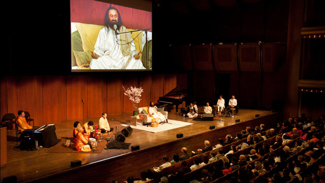 PHOTO: Group meditation, led by Sri Sri Ravi Shankar, a spiritual leader and founder of The Art of Living Foundation is shown at the Avery Fisher Hall, in New York.
