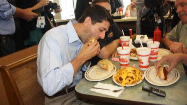 PHOTO: Paul Ryan stopped Thursday at the Original Hot Dog Shoppe in Warren, Ohio, where he chomped down on hot dogs and cheese fries.