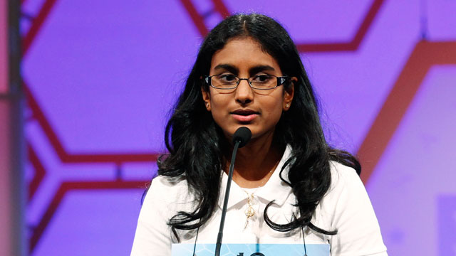 PHOTO: Snigdha Nandipati, 14, of San Diego, Calif. spells "guetapens" during her victory in the Scripps National Spelling Bee at National Harbor in Md. May 31, 2012.