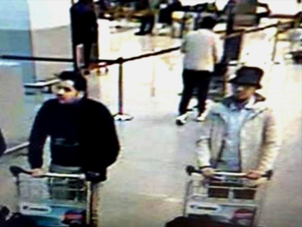 VIDEO: Belgian police released a photo taken from surveillance footage that shows three men pushing baggage carts.