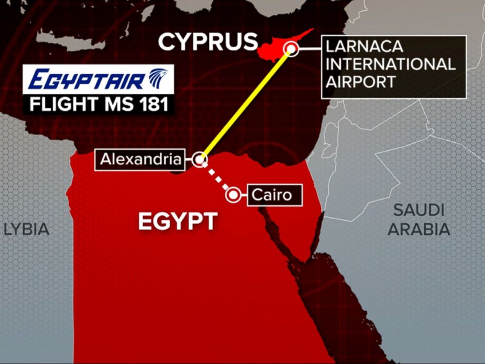 PHOTO: A map shows the route of hijacked EgyptAir Flight 181, March 29, 2016.