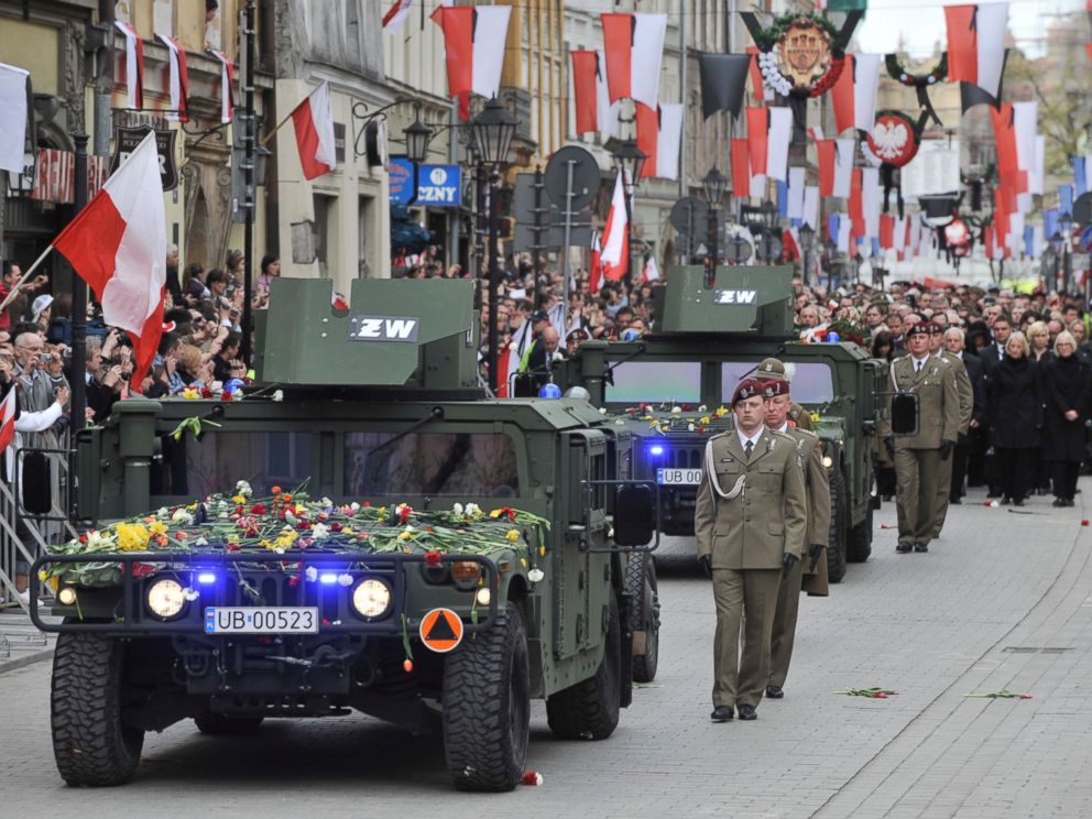 PHOTO: In this Sunday, April 18, 2010, file photo, a Polish guard of honor escorts the coffins of late Polish President Lech Kaczynski and his wife Maria Kaczynska during a funeral procession walk through Krakow, Poland.