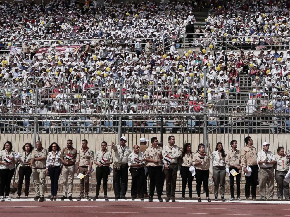 PHOTO: Faithful wait for the arrival of Pope Francis at the Air Defense Stadium in Cairo, April 29, 2017. 