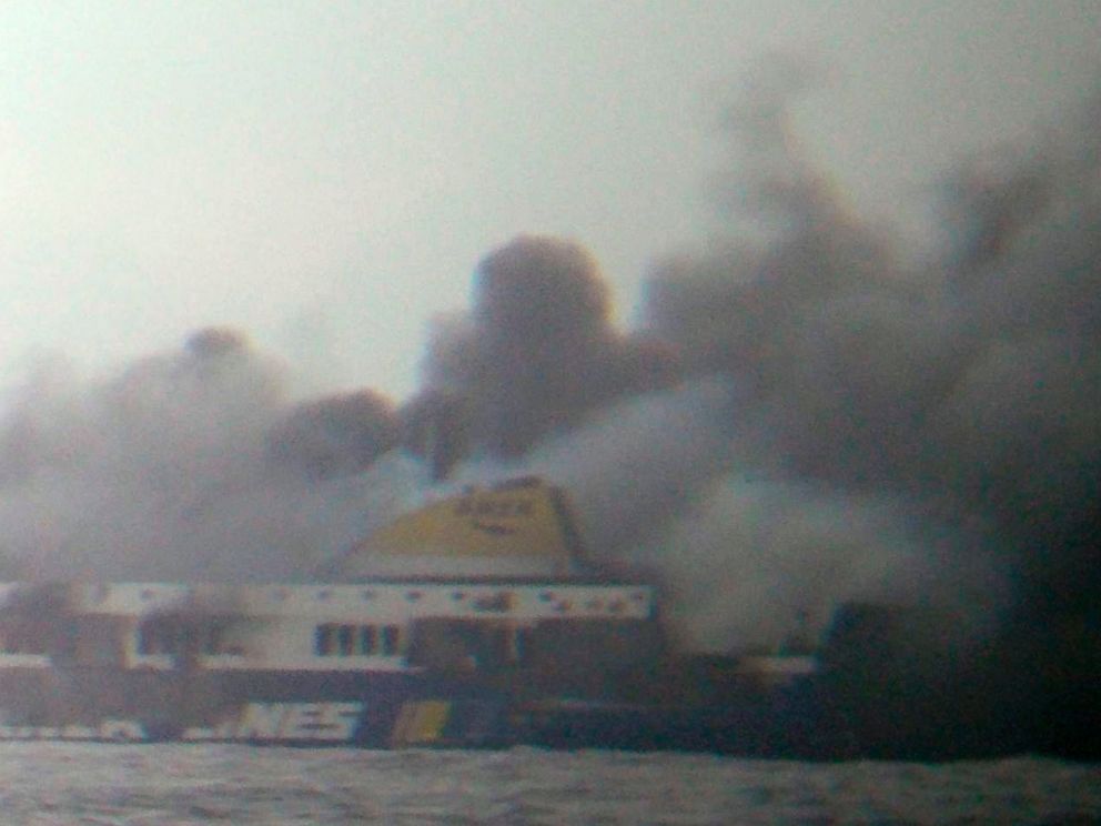 PHOTO: In this photo taken from a nearby ship, smoke rises from the Italian-flagged Norman Atlantic ferry after it caught fire in the Adriatic Sea, Dec. 28, 2014.